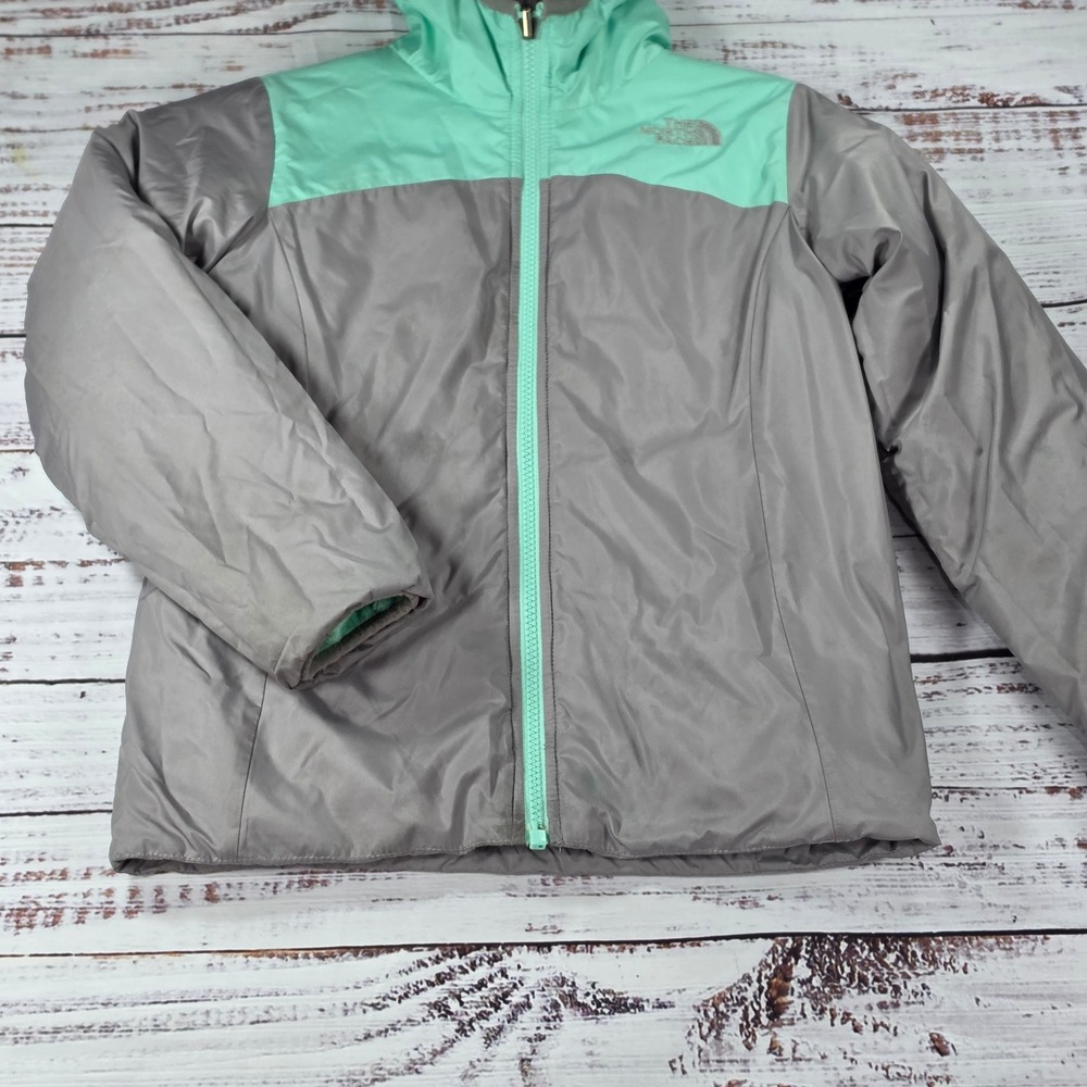 The North Face REVERSIBLE Jacket Girls S 7/8 Mint Green Grey Excellent Mossbud